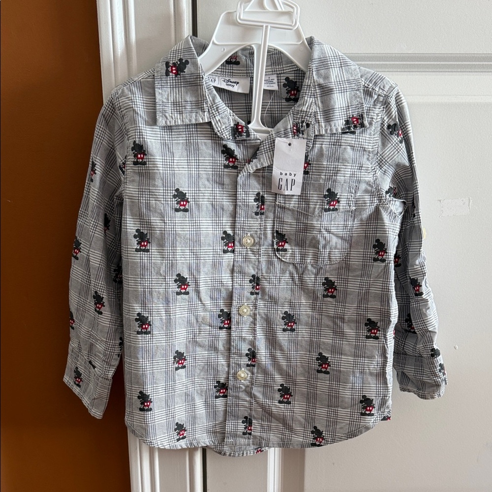 GAP Kids with Black and Red Mickey Mouse logo grey and white Checkered Shirt